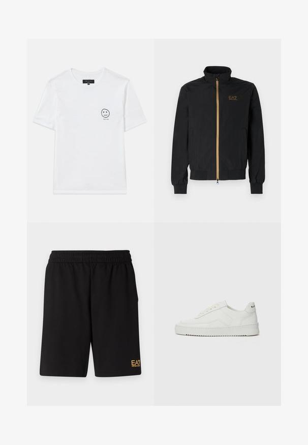 Čierna bomber bunda vyrobená z hladkej látky. Má vysoký golier, zlatý zips a logo EA7 na ľavej hrudi. Elastické manžety a lem.; Biela bavlnená tričko s okrúhlym výstrihom a krátkymi rukávmi. Na ľavej strane hrude je malý čierny grafický smajlík s očami vo forme "x".; Čierne športové šortky vyrobené z jemného materiálu, s elastickým pásom a malým žltým logom EA7 na dolnej ľavej nohe.; Biele kožené tenisky s hladkým povrchom, okrúly špičkový dizajn, ploché šnúrky a textúrovaná podrážka. Obsahujú jemné logo na päte.
