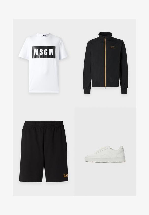 Fekete bomber dzseki sima szövetből. Magas gallérral, arany cipzárral és az EA7 logóval a bal mellen. Rugalmas mandzsetták és alj.; Fehér pamut póló, nagy fekete téglalap alakú nyomtatással, rajta vastag fehér betűkkel az "MSGM" felirattal. Rövid ujjak és kerek nyakú.; Fekete sportnadrág puha anyagból, rugalmas derékkal és egy kis sárga EA7 logóval a bal alsó lábszáron.; Fehér bőr sportcipő sima felülettel, kerek orral, lapos fűzőkkel és texturált talppal. Finom logó található a sarokon.