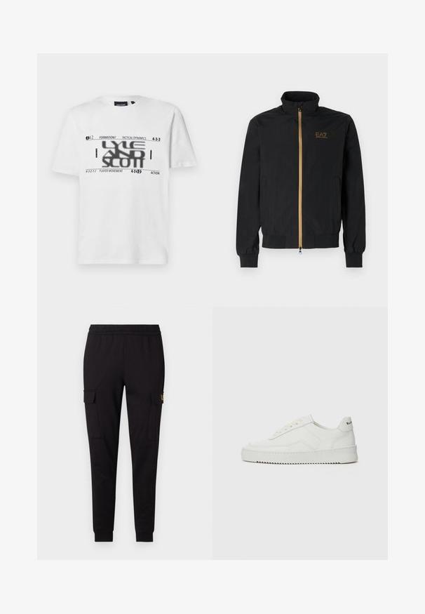 Black bomber jacket made from smooth fabric. Features a high collar, gold zipper, and EA7 logo on the left chest. Elastic cuffs and hem.; White cotton t-shirt featuring black graphic text with football formations and tactical terms. Round neck and short sleeves.; Black sweatpants made of soft fabric, featuring a tapered leg design and two side cargo pockets with a subtle logo on one pocket.; White leather sneaker with a smooth finish, round toe, flat laces, and a textured sole. Features a subtle logo on the heel.