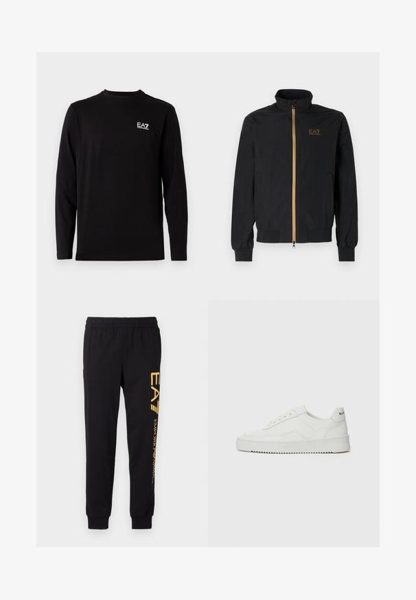 Juodas bomber stiliaus švarkas, pagamintas iš lygaus audinio. Turi aukštą apykaklę, auksinį užtrauktuką ir EA7 logotipą kairėje krūtinės pusėje. Elastingi rankogaliai ir juosta.; Juodas ilgomis rankovėmis marškinis, pagamintas iš minkštos medžiagos. Pirmame kairiajame krūtinės kampe yra mažas baltas logotipas. Paprastas apvalus iškirpimas ir tiesus kirpimas.; Juodi sportiniai džinsai pagaminti iš minkštos medžiagos, su elastinga juosmens linija ir įvarstytais kulkšniais. Geltonas ženklinimas vertikaliai spausdintas kairėje kojoje.; Balti odiniai sportiniai bateliai su lygia apdaila, apvaliu pirštu, plokščiais raišteliais ir tekstūruotu padu. Pasižymi subtiliu logotipu ant kulno.