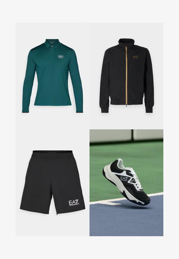 Črna bomber jakna iz gladkega materiala. Ima visok ovratnik, zlat zadrgo in logotip EA7 na levi prsni strani. Elastični manšeti in spodnji rob.; Temnozeleni dolg rokav polo majica s subtilnim teksturiranim vzorcem, ovratnikom s pol-zadrgo in okroglo logo na levem prsnem delu.; Črne atletske kratke hlače iz lahkotnega materiala z elastičnim pasom. Imajo belo EA7 logo na spodnjem desnem delu.; Črno-beli čevelj EA7 Emporio Armani, ki visi nad modrimi in zelenimi linijami teniškega igrišča.