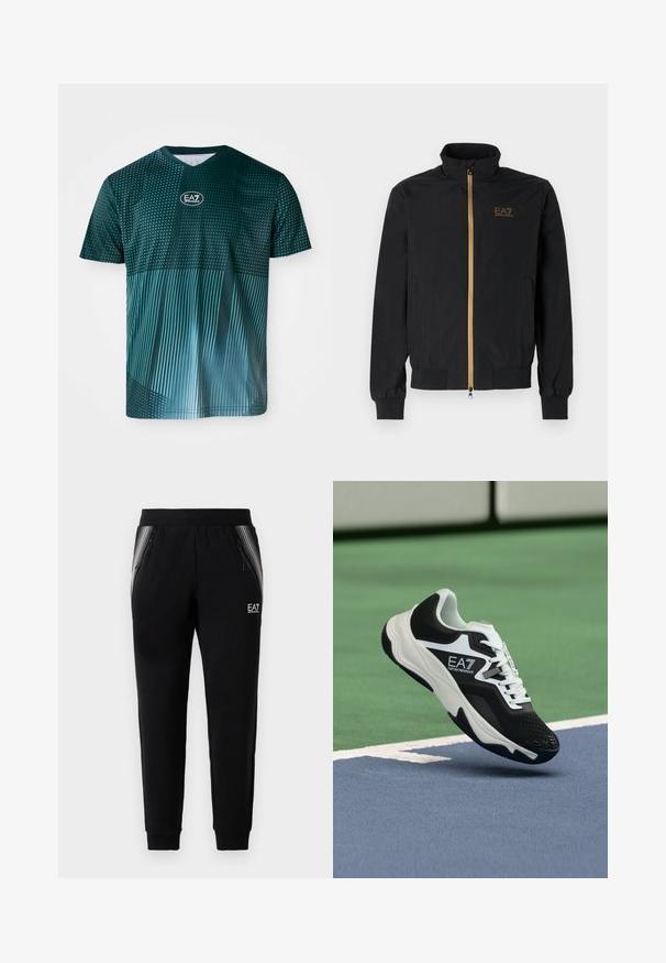 Mustmust värvi bomber-jakk, mis on valmistatud siledast kangast. Omab kõrget kraed, kuldset tõmbluku ja EA7 logo vasakul rinnal. Elastsed mansetid ja ilmakaared.; Roheline lühikeste varrukatega V-kaelusega t-särk, millel on gradient muster; esindab kontrastsetes toonides täppe ja jooni. Brändi logo asub südamiku peal.; Mustad külgmiste taskutega ja tõmblukkudega mustad tsüklilised dressipüksid, triibuliste paneelide aktsentidega, elastse vöökohtaga ja EA7 Emporio Armani logo paremal reiel.; Mustvalge EA7 Emporio Armani tossu ripub siniste ja roheliste tenniseväljakute joonte kohal.