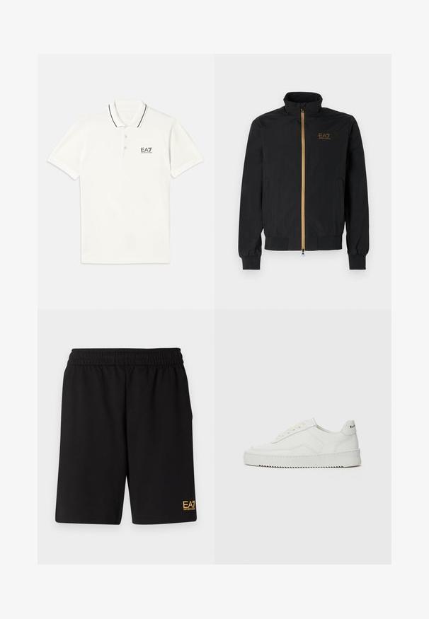 Fekete bomber dzseki sima szövetből. Magas gallérral, arany cipzárral és az EA7 logóval a bal mellen. Rugalmas mandzsetták és alj.; Fehér póló, rövid ujjal, két gombbal ellátott gallérral, fekete csíkos díszítéssel, és egy kis fekete EA7 logóval a mellkason. Pamut anyagból készült.; Fekete sportnadrág puha anyagból, rugalmas derékkal és egy kis sárga EA7 logóval a bal alsó lábszáron.; Fehér bőr sportcipő sima felülettel, kerek orral, lapos fűzőkkel és texturált talppal. Finom logó található a sarokon.