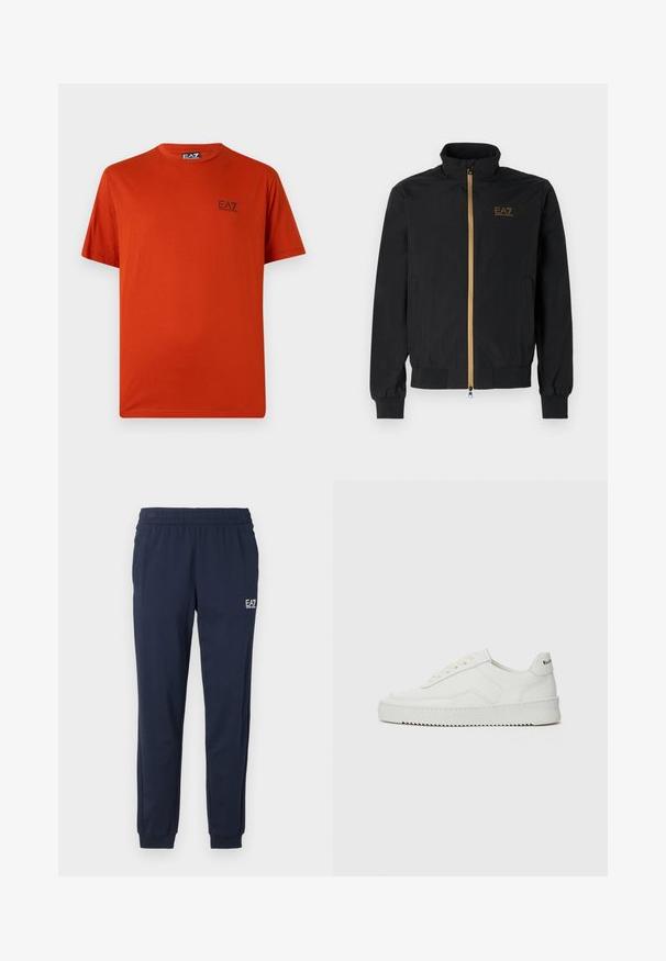 Juodas bomber stiliaus švarkas, pagamintas iš lygaus audinio. Turi aukštą apykaklę, auksinį užtrauktuką ir EA7 logotipą kairėje krūtinės pusėje. Elastingi rankogaliai ir juosta.; Raudona medvilnė trumpomis rankovėmis marškinėliai, apvaliu iškirpimu ir mažu juodu EA7 logotipu viršutinėje kairėje pusėje. Glotni tekstūra, be puošybos.; Tamsiai mėlyni treniruočių kelnės su elastine juosta ir rankovėmis. Kairėje kojoje yra mažas baltas logotipas. Pagaminta iš minkštos, elastingos medžiagos.; Balti odiniai sportiniai bateliai su lygia apdaila, apvaliu pirštu, plokščiais raišteliais ir tekstūruotu padu. Pasižymi subtiliu logotipu ant kulno.