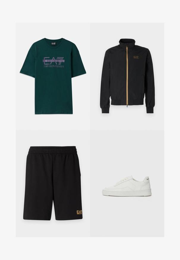 Casaco bomber preto feito de tecido liso. Apresenta um colarinho alto, fecho dourado e o logo EA7 no peito esquerdo. Punhos e barra elásticos.; T-shirt de algodão verde escuro com estampa do logótipo roxo "EA7 Emporio Armani" ao longo do peito. Decote redondo clássico e mangas curtas.; Calções desportivos pretos feitos de um tecido suave, com um cós elástico e um pequeno logótipo amarelo EA7 na parte inferior da perna esquerda.; Sapatilha de couro branco com acabamento suave, bico redondo, atacadores planos e uma sola texturizada. Apresenta um logotipo discreto no calcanhar.