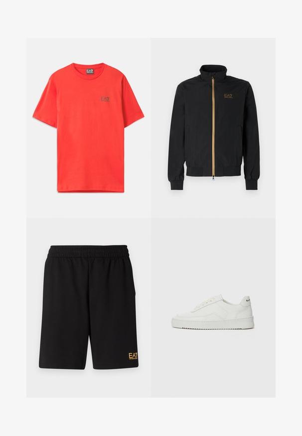 Melnā bomber jakā, izgatavota no gludas auduma. Iezīmēta ar augstu apkakli, zelta rāvējslēdzēju un EA7 logotipu kreisajā krūtī. Elastīgas aproces un malām.; Sarkans kokvilnas T-krekls ar īsām piedurknēm, kas satur mazu EA7 logo melnā krāsā kreisajā krūšu zonā, klasiskā apaļā kakla izgriezumā.; Melnas sporta šortus, kas izgatavoti no mīksta auduma, ar elastīgu jostu un mazu dzeltenu EA7 logo zem kreisā kājas stūra.; Baltas ādas sneakers ar gludu virsmu, apaļu pirkstu daļu, plakaniem šņorēm un teksturētu zoli. Satur diskrētu logotipu uz papēža.
