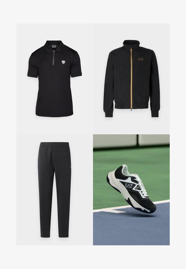 Černá bomber bunda vyrobená z hladké látky. Má vysoký límec, zlatý zip a logo EA7 na levé hrudi. Elastické manžety a lem.; Černé polo tričko vyrobené z hladké tkaniny s krátkými rukávy, s půl zipem vpředu a malým vyšitým logem na levé části hrudi.; Černé joggingové kalhoty vyrobené z měkké tkaniny, s elastickým pasem, rovnými nohavicemi a malým logem na boku.; Černobílá teniska EA7 Emporio Armani zavěšená nad modrými a zelenými čarami tenisového kurtu.