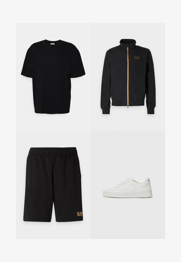 Black bomber jacket made from smooth fabric. Features a high collar, gold zipper, and EA7 logo on the left chest. Elastic cuffs and hem.; Black cotton t-shirt with short sleeves, round neckline, relaxed fit, and no visible patterns or detailing. Smooth texture.; Black athletic shorts made of soft fabric,Featuring an elastic waistband and a small yellow EA7 logo on the lower left leg.; White leather sneaker with a smooth finish, round toe, flat laces, and a textured sole. Features a subtle logo on the heel.