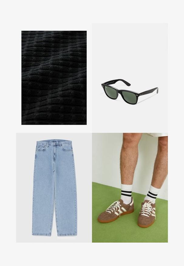 Rjava semiš jakna z dolgimi rokavi, sprednjim zadrgo, dvema stranskima žepoma in koničastim ovratnikom.; Črno pleteno blago z reliefnim, mrežastim vzorcem, z dvignjenimi kvadrati, ki nudijo globino in mehak, taktilen videz.; Svijetloplave traperice s ravnim nogavicama, srednjeg struka, pet džepova te zatvaranjem na gumb i munju.; Rjavi semiš športni čevlji z belimi detajli in vezalkami. Gumijast podplat. Nošeni z belimi nogavicami z črnimi črtami. Zelena teksturirana talna obloga.; Črne plastične sončna očala z zelenimi lečami, kvadratni okvirji, srebrni detajl na obrvi in teksturirani ročaji. Blagovna znamka navedena na notranji strani ročaja.