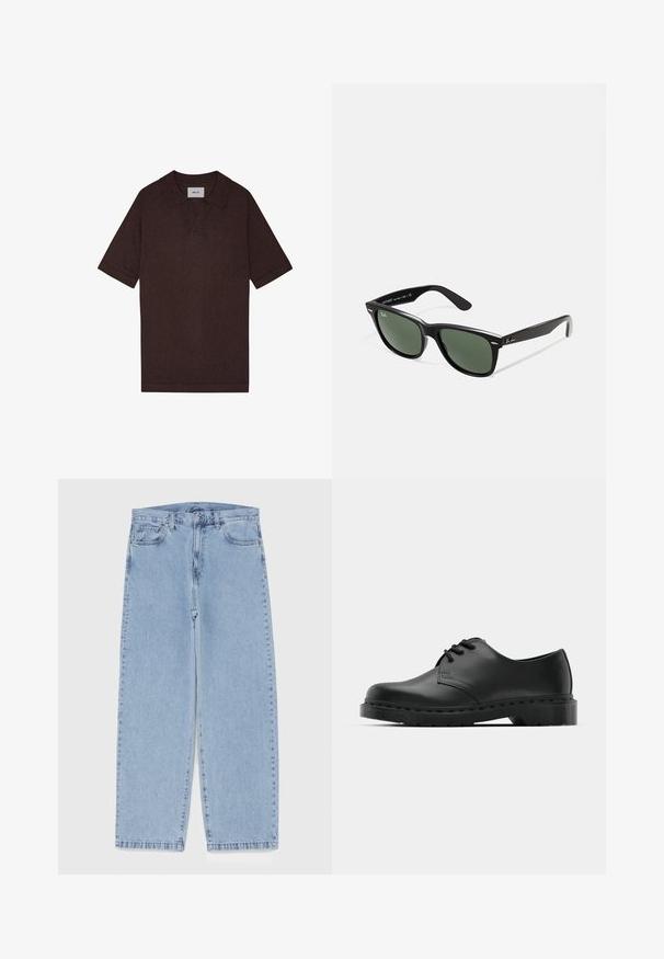 Bruine suède jas met lange mouwen, voorritssluiting, twee zijzakken en een spitse kraag.; Bruine polo gemaakt van gestructureerde stof, met een puntig kraag en korte mouwen. Het label toont "NN. 07" bij de hals.; Lichtblauwe denim jeans met een recht model, voorzien van een middelhoge taille, vijf zakken en een knoop- en ritssluiting.; Zwarte leren oxford schoenen met vetersluiting, ronde neus, platte rubberen zool en subtiele stiksel details langs het bovenwerk.; Zwarte plastic zonnebril met groene lenzen, vierkante montuur, zilveren accent op de wenkbrauw en een gestructureerde tempel. Merken vermeld op de binnenkant van de arm.