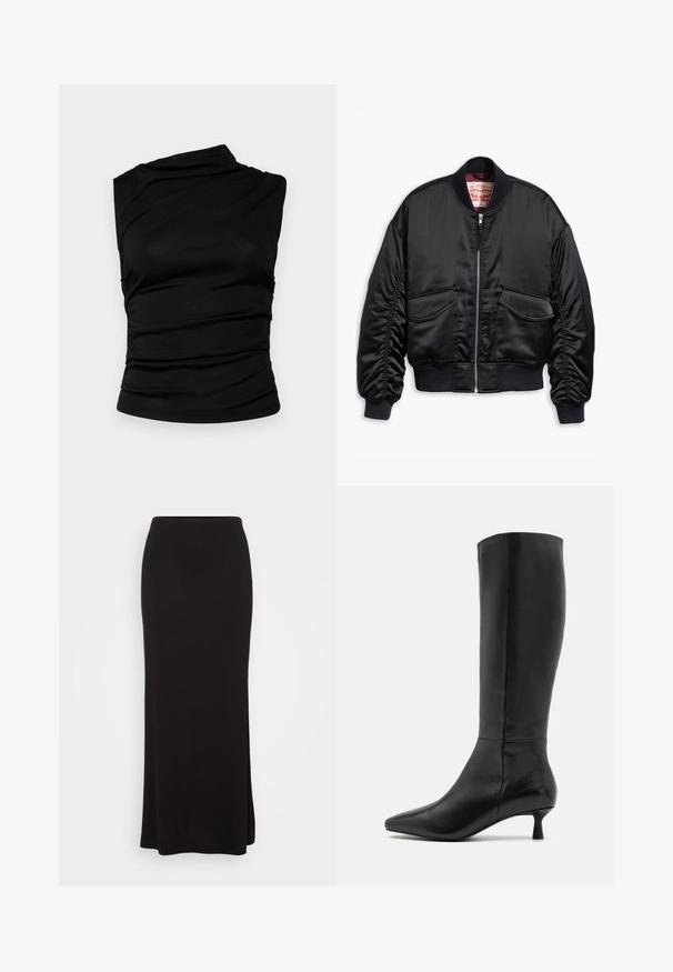 Svart bomberjakke laget av glatt stoff, med glidelås foran, ribbede mansjetter, to lommer med klaff og elastisk kant.; Svart bomullshoodie med en romslig kengurulomme, stor hette, ribbestrikkede mansjetter og nederkant. Enkel, genserdesign uten synlige mønstre.; Svart ermeløs topp med asymmetrisk utringning, med samlet stoff for tekstur og en tettsittende silhuett. Glatt, elastisk materiale.; Svart midi-skjørt laget av et glatt, elastisk stoff med en tettsittende midje og rett silhuett, med en sidelomme for enklere bevegelse.; Zign Støvler - black