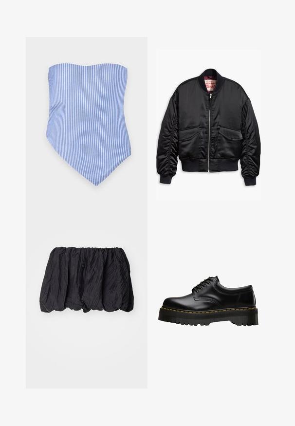 Črna bomber jakna iz gladkega materiala, z zadrgo spredaj, rebrastimi manšeti in dvema žepoma z našitkom ter elastičnim robom.; Top brez naramnic v modri in beli barvi s vertikalnimi črtami in koničastim robom. Narejen iz lahkotnega materiala, z gladko teksturo in prilagojenim krojem.; Črn gubani vrh iz tkanine z elastičnim pasom, ki ima teksturirano površino in nabrano zasnovo za voluminозно obliko.; Črne usnjene čevlje z vezalkami, debelim zobatim črnim gumijastim podplatom in rumenim šivom ob robu, ki imajo gladek finiš.
