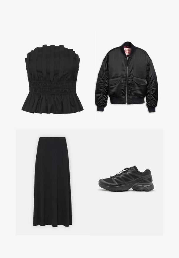 Juodas bomberis, pagamintas iš lygaus audinio, su priekyje užtrauktuku, subalamatuotais rankogaliais ir dviem užklijuotais kišenėmis bei elastine apatine dalimi.; Juodas liemenėlės be petnešų viršus, turintis vertikalių raukšlių, smulkintą juosmenį ir banguotą apatinį kraštą. Pagamintas iš tekstūruoto audinio, suteikiančio prigludusį siluetą.; Juodos spalvos maxi sijonas. Platuoju apdaru su glotnia tekstūra ir elastingu juosmeniu. Nėra matomų raštų ar akcentų.; Juodas bėgimo batelis su tinkliniu ir sintetinėmis viršutinėmis dalimis, lanksčia pado dalimi ir elastingomis raištelėmis. Yra pagalvota vidurio dalis, užtikrinanti komfortą.