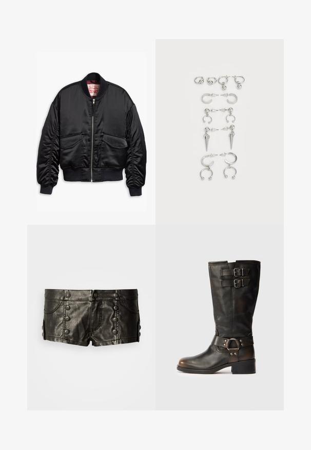 Čierna bomber bunda vyrobená z hladkej tkaniny, s predným zipsom, rebrovanými manžetami a dvoma náprsnými vreckami s elastickým lemom.; Čierne tričko s krátkym rukávom, zaobleným lemom a raglánovými rukávmi. Na prednej strane sú zdobené textom "Juicy" z kamienkov.; Čierne kožené krátke nohavice s nízkym pásom, ozdobené kovovými gombíkmi na prednej strane a bokoch, s prednými vreckami a švovými detailmi.; Čierne kožené čižmy do polovice lýtok s dvoma prackami pri vrchu a pásom so zlatením detailom okolo členku na bielom pozadí.; Sada strieborných náušníc s rôznymi dizajnmi: kruhové, puzety a visiace štýly, s okrúhlymi akcentmi a špicatými prvkami.