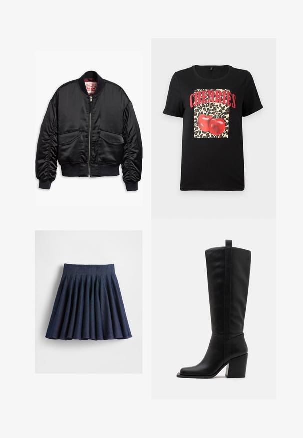 Melnā bumbvedēja jaka, izgatavota no gludas auduma, ar priekšējo rāvējslēdzēju, ribotiem piedurknēm un divām kabatām ar elastīgu maliņu.; Melna T-kreklu ar īsām piedurknēm, kas lepojas ar leopardu raksta kvadrātu, ap kuru ir sarkanas ķirsīšu un vārdi "CHERRIES" izceltos sarkanos burtiem. Gluda kokvilnas auduma.; Tumši zils plisēts svārks, izgatavots no džinsa auduma. Tam ir augsta vidukļa josla un izplestos formas, ar redzamām šuvēm gar plisēm.; Melna ādas zābaku līdz ceļgaliem ar kvadrātveida purngaliem, sašaurinātu papēdi un vertikālām šuvēm gar ārējo šuvi. Gluda tekstūra.