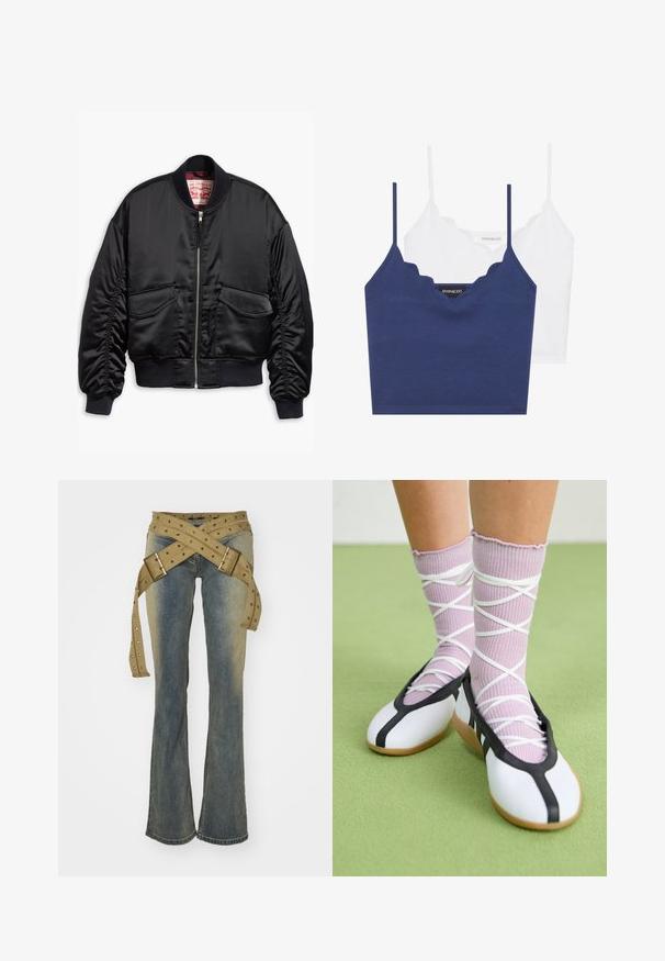 Svart bomberjakke laget av glatt stoff, med glidelås foran, ribbede mansjetter, to lommer med klaff og elastisk kant.; Marineblå og hvit bomull brystholder-sett med scallop-kant, tynne justerbare stropper og en kroppsnær passform. Logomerke på innsiden av den marineblå delen.; Jaded London STRAP UP STONEWASH - Jeans bootcut - hellblau; Hvite flate sko med svart kant og såle, kombinert med lys lilla ribbestrikkede sokker med hvite kryssreimer. Plassert på en grønn bakgrunn.