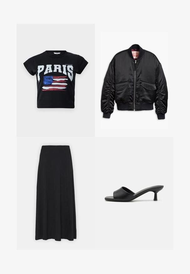 Chaqueta bomber negra hecha de tela suave, con cierre frontal, puños acanalados y dos bolsillos de parche con dobladillo elástico.; Camiseta de algodón negra con "PARIS" en letras blancas en negrita y un gráfico desgastado de la bandera americana en rojo, blanco y azul. Mangas cortas.; Falda maxi de color negro sólido. Diseño acampanado con una textura suave y cintura elástica. Sin patrones ni acentos visibles.; Sandalias de deslizamiento negras con parte superior de cuero suave, punta abierta y un tacón bajo y brillante. Diseño minimalista con una forma curvada y un acabado elegante.