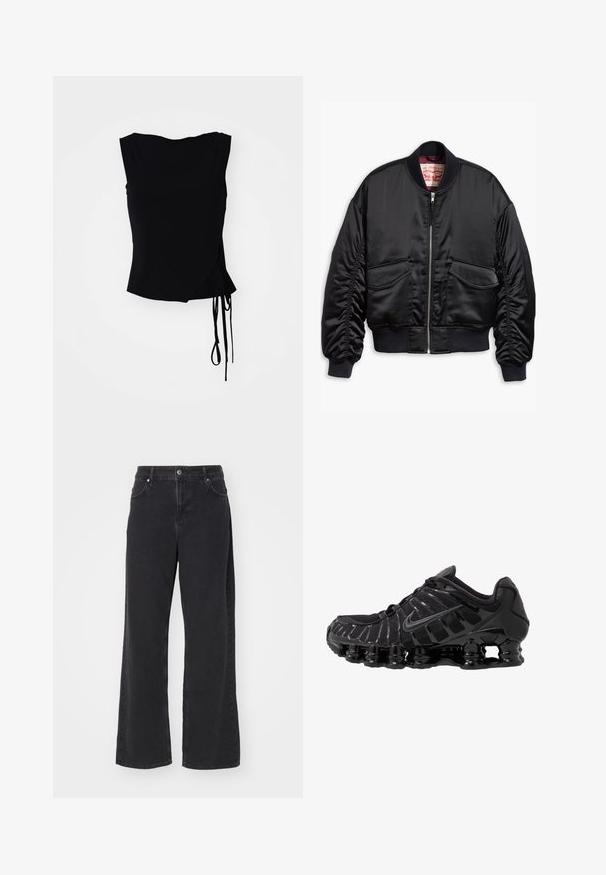 Černá bomber bunda vyrobená z hladkého materiálu, se zipem vpředu, žebrovanými manžetami a dvěma náprsními kapsami s elastickým lemem.; Černý top bez rukávů s designem zavazování, bočními tkaničkami a hladkou texturou. Rovný lem s moderním, minimalistickým vzhledem.; Černé džíny s vysokým pasem a rovnými nohavicemi, s předním knoflíkem, poutky na opasek a kapsami, vystavené na bílém pozadí.; Černá sportovní bota s síťovaným svrškem a lesklými detaily. Má zakřivené odpružení z pružin a texturované linie na straně. Viditelné logo Nike.