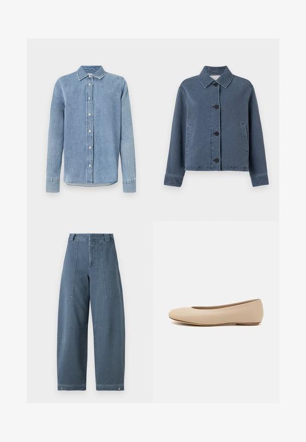 Blue textured denim jacket with a collared neckline, front button closure, two side pockets, and ribbed cuffs.; Light blue denim shirt with a collar, front button closure, long sleeves, and stitched detailing on cuffs and hem. Textured fabric.; White sleeveless tank top made of soft, ribbed fabric; features thin straps and a round neckline, tag reads "FRAME."; Denim wide-leg pants in a light blue shade, featuring a textured surface, two front pockets, and durable stitching at the hem.; Beige leather ballet flat with rounded toe, minimal seam detailing, low heel, and subtle logo on the back. Smooth, matte texture.