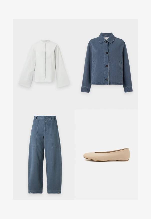 Niebieska, teksturowana kurtka dżinsowa z kołnierzykiem, zapinana na guziki z przodu, z dwoma bocznymi kieszeniami i prążkowanymi mankietami.; Jasnoszara, teksturowana kurtka z kołnierzem mandarynkowym, długimi, dzwonowymi rękawami i zapięciem na guziki z przodu. Subtelne wykończenie szwów przy mankietach.; Jeansy o szerokich nogawkach w jasnoniebieskim odcieniu, z teksturowaną powierzchnią, dwoma przednimi kieszeniami oraz trwałym przeszyciem u dołu.; Beżowe skórzane baleriny z zaokrąglonym noskiem, minimalnymi szwami, niskim obcasem oraz subtelnym logo z tyłu. Gładka, matowa tekstura.