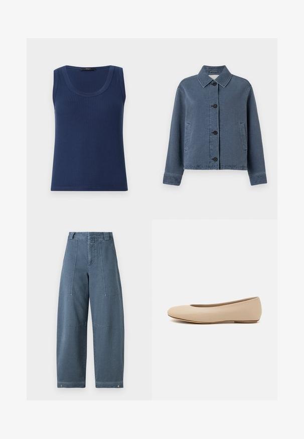 Niebieska, teksturowana kurtka dżinsowa z kołnierzykiem, zapinana na guziki z przodu, z dwoma bocznymi kieszeniami i prążkowanymi mankietami.; Granatowy, prążkowany top bez rękawów z okrągłym dekoltem. Wykonany z miękkiego materiału, z dopasowanym krojem i prostym wykończeniem.; Jeansy o szerokich nogawkach w jasnoniebieskim odcieniu, z teksturowaną powierzchnią, dwoma przednimi kieszeniami oraz trwałym przeszyciem u dołu.; Beżowe skórzane baleriny z zaokrąglonym noskiem, minimalnymi szwami, niskim obcasem oraz subtelnym logo z tyłu. Gładka, matowa tekstura.
