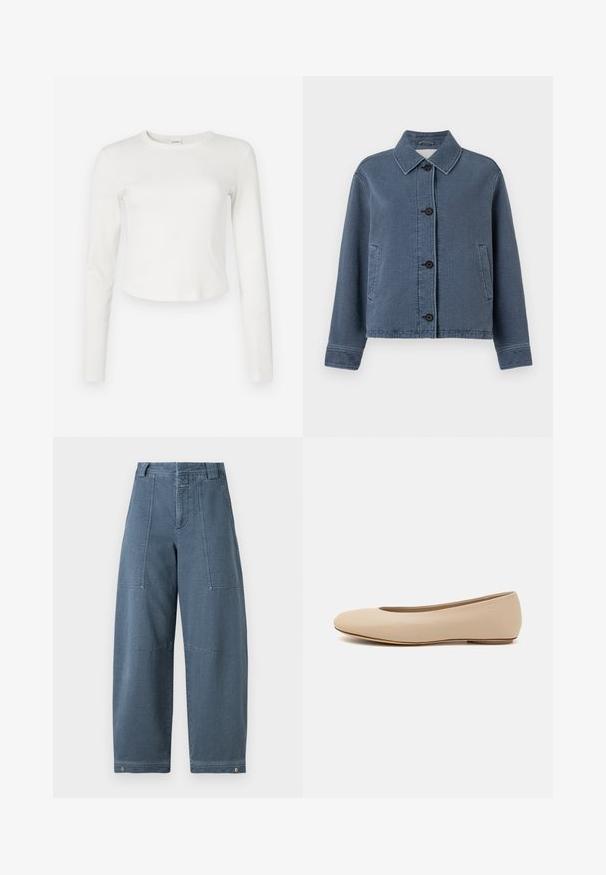 Sininen teksturoitu farkkutakki, jossa on kauluksellinen kaulus, etulukko napilla, kaksi sivutaskua ja ribbikujat.; Valkoinen pitkähihaisessa ribbipaitassa on pyöreä pääntie ja lyhyt helma. Pehmeä rakenne ja minimalistinen muotoilu, jossa on pieni logo sivulla.; Vaaleansiniset leveälahkeiset farkut, joissa on teksturoitu pinta, kaksi etutaskua ja kestävä ommel helman kohdalla.; Beige nahkara ballet flat dengan ujung bulat, detail jahitan minimal, hak rendah, dan logo halus di bagian belakang. Tekstur halus dan matte.
