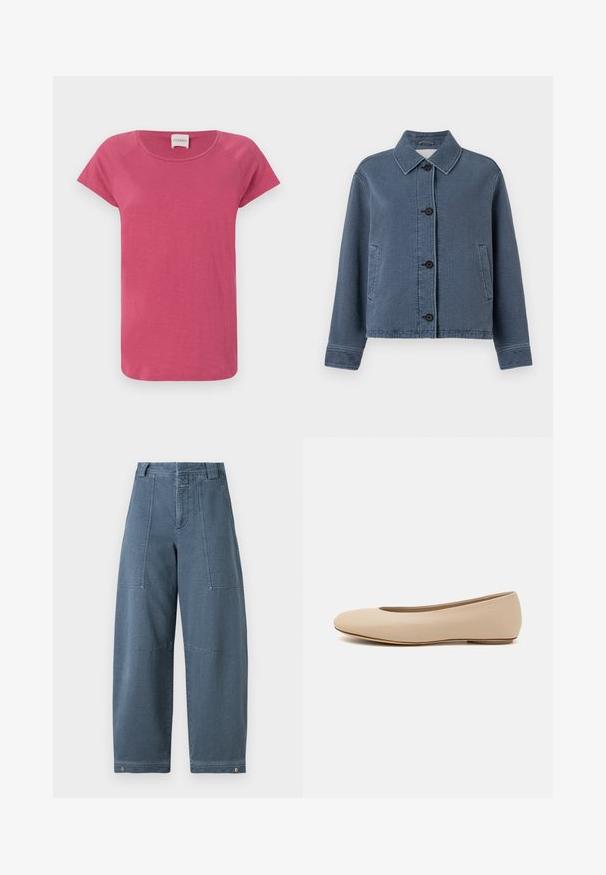 Giacca in denim blu con texture, colletto, chiusura frontale con bottoni, due tasche laterali e polsini a costine.; T-shirt rosa a maniche corte con scollatura rotonda, realizzata in tessuto morbido, con maniche raglan e una vestibilità comoda.; Pantaloni in denim a gamba larga di una tonalità blu chiaro, con superficie testurizzata, due tasche frontali e cuciture resistenti all'orlo.; Ballerine in pelle beige con punta arrotondata, dettagli di cucitura minimi, tacco basso e logo discreto sul retro. Texture liscia e opaca.