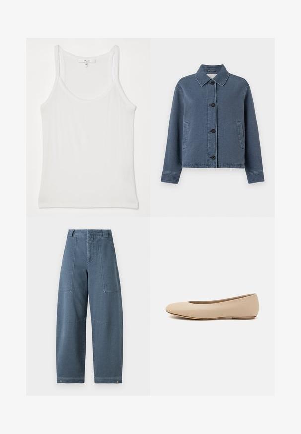 Blue textured denim jacket with a collared neckline, front button closure, two side pockets, and ribbed cuffs.; White sleeveless tank top made of soft, ribbed fabric; features thin straps and a round neckline, tag reads "FRAME."; Button-up shirt in navy and white stripes, long sleeves, single chest pocket, and a classic collar, crafted from lightweight fabric.; Denim wide-leg pants in a light blue shade, featuring a textured surface, two front pockets, and durable stitching at the hem.; Beige leather ballet flat with rounded toe, minimal seam detailing, low heel, and subtle logo on the back. Smooth, matte texture.