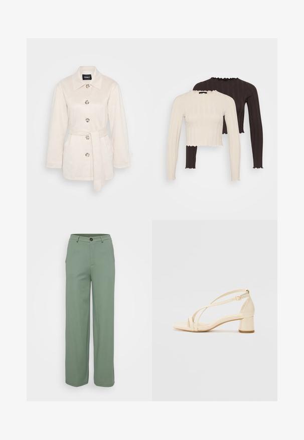 Světlý béžový kabát z materiálu podobného zaměření, s límcem, předními knoflíky, dvěma bočními kapsami a odpovídajícím opaskem. Hladká textura, přiléhavý střih.; Hedvábné dlouhé rukávy v krémové a tmavě hnědé barvě, ozdobené zkráceným střihem a volánkovými výstřihy s vykrojenými okraji.; Kalhoty s širokými nohavicemi z jemného zeleného materiálu s hladkým povrchem. Mají přední zapínání na knoflík a dvě boční kapsy.; Béžové sandály na podpatku s blokovým podpatkem, s řemínkovým designem a nastavitelným kotníkovým páskem, vyrobené z hladkého syntetického materiálu s matným povrchem.