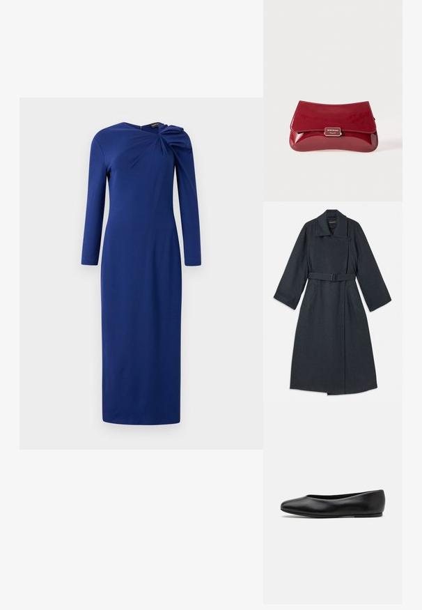 Casaco cinza escuro com um colarinho alto, cintura com cinto, dois bolsos laterais e mangas largas. Feito de tecido texturizado com um design limpo.; Vestido longo azul royal com mangas longas e um detalhe torcido franzido no decote, silhueta ajustada, comprimento até o tornozelo.; Paul Smith TOPANGA - Sabrinas - black; Clutch em pele vernizada vermelha com um design curvado, aba a dobrar e um detalhe de logótipo em metal numa placa prateada. Textura suave e brilhante.