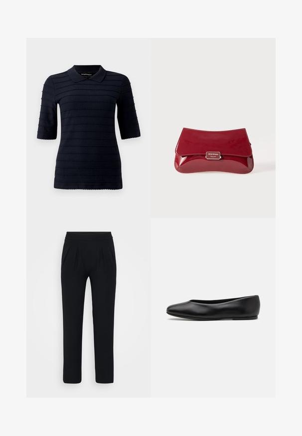 Temno siva plašča z visokim ovratnikom, pasom, dvema stranskima žepoma in širokimi rokavi. Narejen iz teksturirane tkanine s čistim oblikovanjem.; Temno modra polo majica s kratkimi rokavi in teksturiranim vzorcem iz dvignjenih vodoravnih črt; ima klasičen ovratnik in valovit rob.; Modra satenska bluza s kratkimi rokavi, kvadratnim dekoltejem in zadrgo na hrbtni strani. Gladka tekstura in nekoliko ohlapen kroj.; Črne široke hlače iz gladkega materiala. Imajo elastičen pas in dva sprednja pregiba. Brez vidnih vzorcev ali dodatkov.; Paul Smith TOPANGA - Balerinke - black; Rdeča lakasta usnjena torbica z ukrivljenim dizajnom, preklopnim pokrovom in kovinskim logotipom na srebrni plaketi. Gladka, sijajna tekstura.