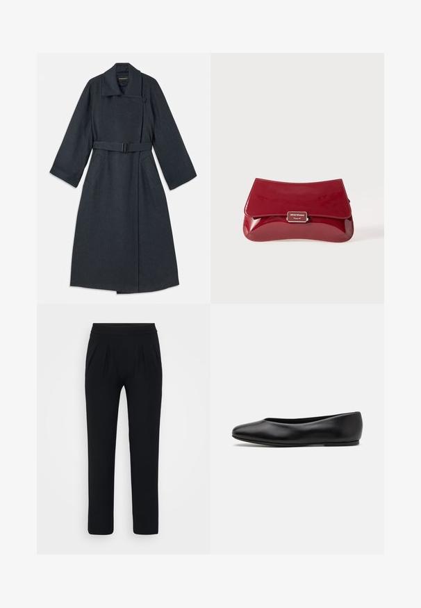 Casaco cinza escuro com um colarinho alto, cintura com cinto, dois bolsos laterais e mangas largas. Feito de tecido texturizado com um design limpo.; Blusa branca de mangas curtas com decote redondo e detalhe na parte frontal retangular, apresentada sobre um fundo simples.; Calças pretas, de perna larga, feitas de tecido suave. Apresenta um cós elástico e dois pregas frontais. Sem padrões visíveis ou acessórios.; Paul Smith TOPANGA - Sabrinas - black; Clutch em pele vernizada vermelha com um design curvado, aba a dobrar e um detalhe de logótipo em metal numa placa prateada. Textura suave e brilhante.