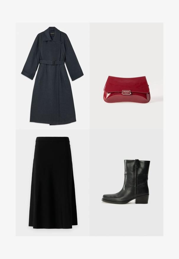 Sötétszürke kabát magas gallérral, övvel eltartott derékkal, két oldalsó zsebbel és széles ujjal. Strukturált anyagból készült, letisztult dizájnnal.; Kék selyem blúz, rövid ujjal, négyzet alakú nyakkivágással és hátsó cipzárral. Simaság jellemzi és enyhén laza fazonban készült.; Fekete, térdig érő szoknya egyenes fazonnal és oldalsó hasítékkal, fehér háttér előtt bemutatva.; Fekete bőr bokacsizma lekerekített orral, blokk sarkúval, oldalsó cipzárral és varrásos díszítéssel az elején. Simább textúra, klasszikus dizájn.; Piros, lakkbőr clutch táska ívelt dizájnnal, hajtogatott fedéllel és fém logóval egy ezüst színű táblán. Simára csiszolt, fényes felület.