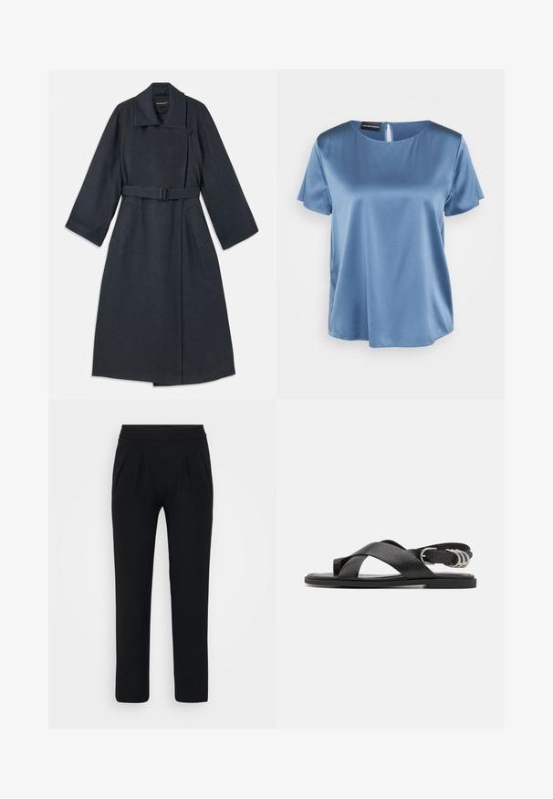 Manteau gris foncé avec un col haut, une taille ceinturée, deux poches latérales et des manches larges. Fabriqué en tissu texturé avec un design épuré.; Blouse en satin bleu à manches courtes avec un col carré et une fermeture éclair au dos. Texture lisse et coupe légèrement ample.; Pantalons noirs évasés en tissu lisse. Ils disposent d'une taille élastique et de deux plis avant. Aucun motif ou élément de quincaillerie visible.; rag & bone GIA TOE LOOP - Sandales - black