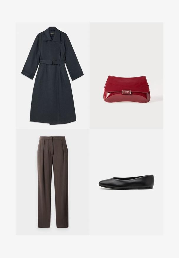Temno siva plašča z visokim ovratnikom, pasom, dvema stranskima žepoma in širokimi rokavi. Narejen iz teksturirane tkanine s čistim oblikovanjem.; Modra satenska bluza s kratkimi rokavi, kvadratnim dekoltejem in zadrgo na hrbtni strani. Gladka tekstura in nekoliko ohlapen kroj.; Temno rjave hlače ravne noge z diskretnim chevron vzorcem, sprednjimi zgibom in pasom, prikazane na beli podlagi.; Paul Smith TOPANGA - Balerinke - black; Rdeča lakasta usnjena torbica z ukrivljenim dizajnom, preklopnim pokrovom in kovinskim logotipom na srebrni plaketi. Gladka, sijajna tekstura.