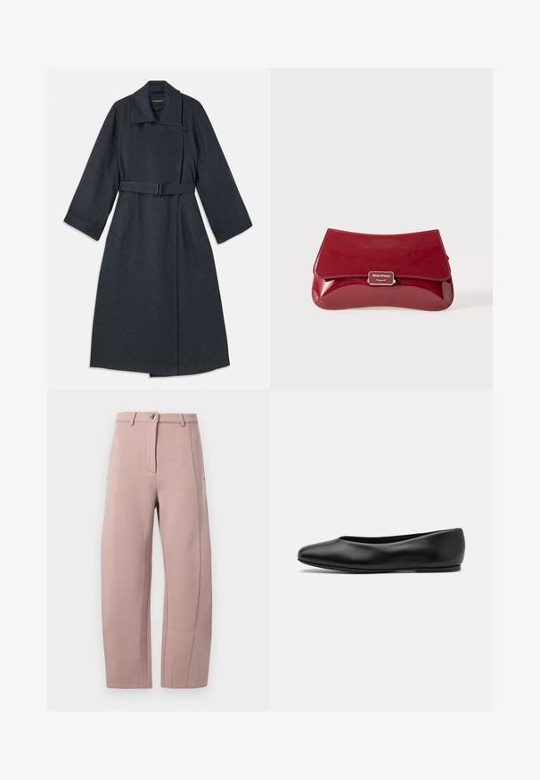 Tmavě šedý kabát s vysokým límcem, opaskem v pase, dvěma bočními kapsami a širokými rukávy. Vyrobeno z texturované tkaniny s čistým designem.; Modrá saténová blůza s krátkým rukávem a čtvercovým výstřihem, se zipem na zádech. Hladká textura a lehce volný střih.; Kalhoty z měkké, světle růžové tkaniny s rovným střihem, mají přední zip, zapínání na knoflík a postranní kapsy. Hladká textura se švy.; Paul Smith TOPANGA - Klasické baleríny - black; Červená lakovaná kabelka s křivkovým designem, překlopným víkem a kovovým logem na stříbrné destičce. Hladký, lesklý povrch.