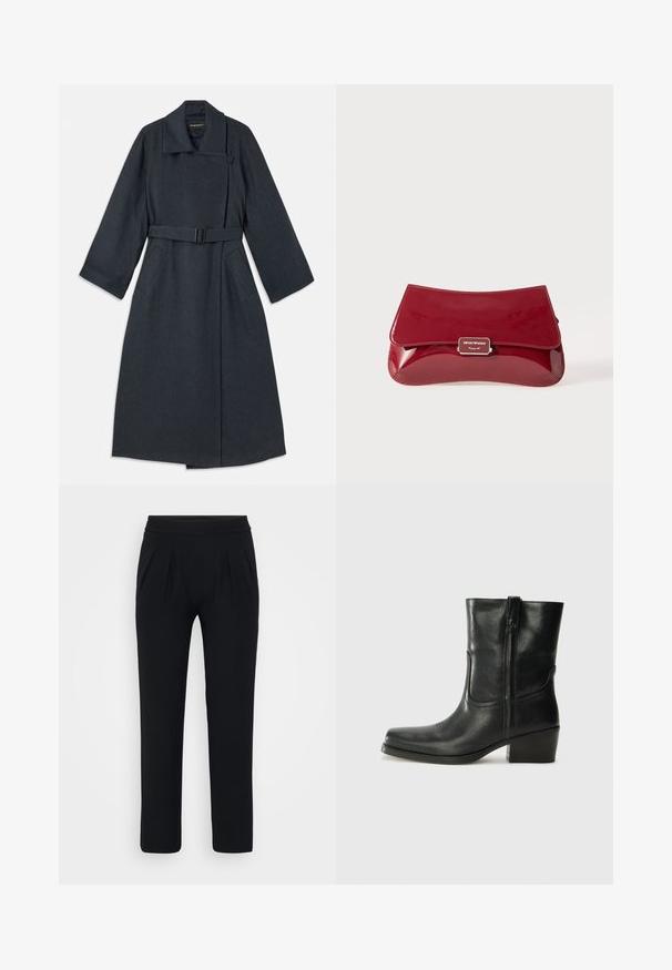 Palton gri închis cu guler înalt, talie cu curea, două buzunare laterale și mâneci largi. Fabricat dintr-un material texturat, cu un design curat.; Bluză scurtă din satin albastru, cu mânecă scurtă, decolteu pătrat și fermoar la spate. Textură netedă și croială ușor lejeră.; Pantaloni negri cu picioare largi, dintr-un material neted. Au un brâu elastic și două plissuri în față. Fără modele vizibile sau accesorii.; Botine din piele neagră, cu vârf rotund, toc pătrat, fermoar pe lateral și accente de cusături pe partea superioară. Textură netedă, design clasic.; Geantă de mână din piele patent roșie, cu un design curbat, clapetă pliabilă și un accent cu logo metalic pe o placă argintie. Textură netedă și strălucitoare.