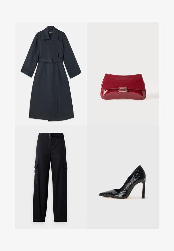Temno siva plašča z visokim ovratnikom, pasom, dvema stranskima žepoma in širokimi rokavi. Narejen iz teksturirane tkanine s čistim oblikovanjem.; Modra satenska bluza s kratkimi rokavi, kvadratnim dekoltejem in zadrgo na hrbtni strani. Gladka tekstura in nekoliko ohlapen kroj.; Črne cargo hlače s ravnim krojem, opremljene z dvema stranskima žepoma in pasom s pravokotno sponko. Gladka tekstura blaga.; Črne čevlje z visoko peto in konico v obliki puščice, z teksturo krokodilje kože, ki se ponašajo s sleek oblikovanjem, visokim stiletto peto in gladkim črnim notranjostjo.; Rdeča lakasta usnjena torbica z ukrivljenim dizajnom, preklopnim pokrovom in kovinskim logotipom na srebrni plaketi. Gladka, sijajna tekstura.
