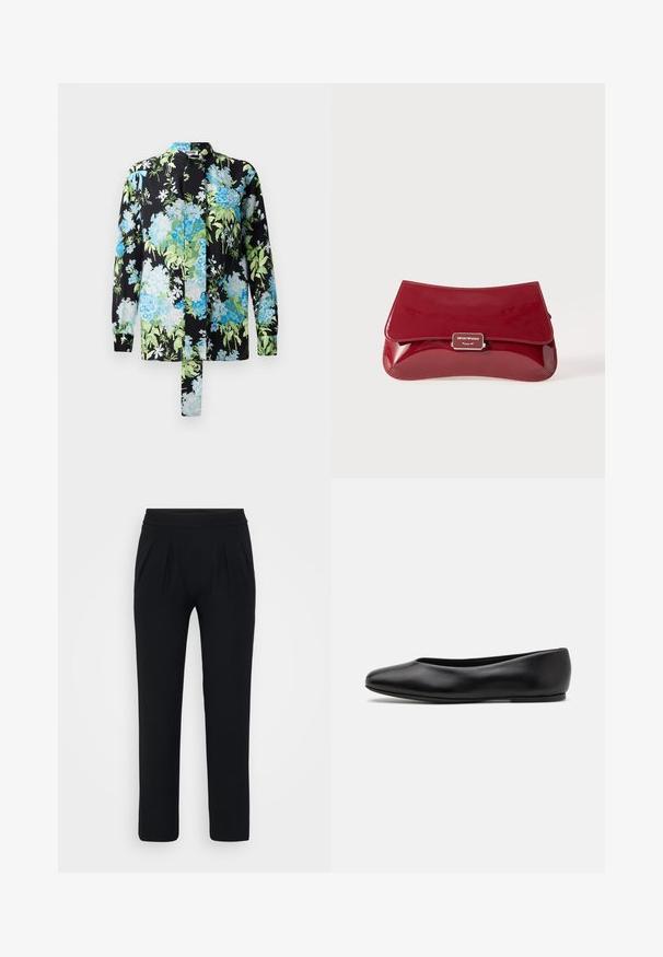 Tmavě šedý kabát s vysokým límcem, opaskem v pase, dvěma bočními kapsami a širokými rukávy. Vyrobeno z texturované tkaniny s čistým designem.; Květinová blůza s černým pozadím a modro-zelenými květinovými vzory, dlouhými rukávy a stojáčkovým límcem. Zahrnuje detaily se zavázáním.; Černé kalhoty s širokým střihem vyrobené z hladkého materiálu. Mají elastický pas a dva přední záhyby. Bez viditelných vzorů nebo kovových detailů.; Paul Smith TOPANGA - Klasické baleríny - black; Červená lakovaná kabelka s křivkovým designem, překlopným víkem a kovovým logem na stříbrné destičce. Hladký, lesklý povrch.
