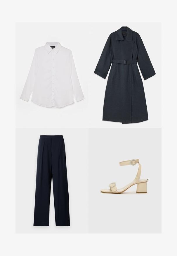 Tumehall mantel kõrge kraega, vöödiga taljes, kahe küljetaskuga ja laia varrukatega. Valmistatud tekstureeritud kangast puhta disainiga.; Valge pikkade varrukatega särk nupuga esiosas, klassikalise kraega, sile tekstuur, kumer alumine äär ja kerge läige.; Tumed laiad püksid voldikutega, valmistatud pehmest kangast. Omab sujuvat vööd ning lihtsat disaini, mis sobib mitmekesisteks kandmisvõimalusteks.; Beeži kõrge kontsaga sandaalid minimalistliku disainiga, millel on kaks ümmargust aksessuaari ja paks konts. Valmistatud siledast nahast.