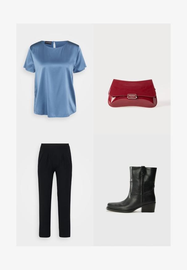 Temno siva plašča z visokim ovratnikom, pasom, dvema stranskima žepoma in širokimi rokavi. Narejen iz teksturirane tkanine s čistim oblikovanjem.; Modra satenska bluza s kratkimi rokavi, kvadratnim dekoltejem in zadrgo na hrbtni strani. Gladka tekstura in nekoliko ohlapen kroj.; Črne široke hlače iz gladkega materiala. Imajo elastičen pas in dva sprednja pregiba. Brez vidnih vzorcev ali dodatkov.; Črne usnjene gležnjarje z zaobljenim nosom, blok peto, stransko zadrgo in šivanjem na vampu. Gladka tekstura, klasična zasnova.; Rdeča lakasta usnjena torbica z ukrivljenim dizajnom, preklopnim pokrovom in kovinskim logotipom na srebrni plaketi. Gladka, sijajna tekstura.