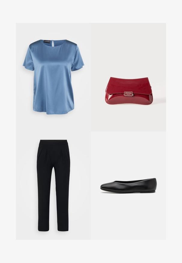 Cappotto grigio scuro con colletto alto, vita cintata, due tasche laterali e maniche ampie. Realizzato in un tessuto testurizzato con un design pulito.; Blusa blu in satin a maniche corte con scollatura quadrata e zip sul retro. Texture liscia e vestibilità leggermente ampia.; Pantaloni neri a gamba larga realizzati in tessuto morbido. Presentano una vita elasticizzata e due pieghe frontali. Nessun motivo o accessorio visibile.; Paul Smith TOPANGA - Ballerine - black; Borsa a pochette in pelle verniciata rossa con design curvo, pattina pieghevole e un accento del logo metallico su una placca argentata. Tessuto liscio e lucido.