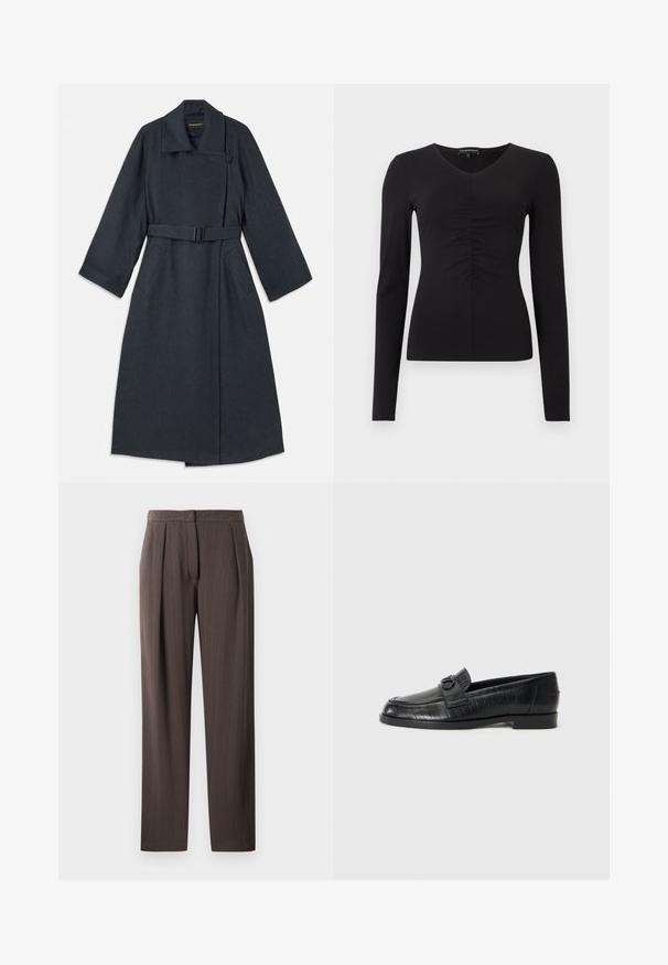 Casaco cinza escuro com um colarinho alto, cintura com cinto, dois bolsos laterais e mangas largas. Feito de tecido texturizado com um design limpo.; Camisola preta de mangas compridas com decote em V e detalhe franzido à frente, confeccionada em tecido liso. Silhueta ajustada e design minimalista.; Calças retas em castanho escuro com um discreto padrão de ziguezague, pregas frontais e cintura, apresentadas de forma plana sobre fundo branco.; Mocassins de couro preto com um cabedal suave, padrão linear em relevo e um detalhe decorativo em fivela no peito do pé. Salto baixo e quadrado.