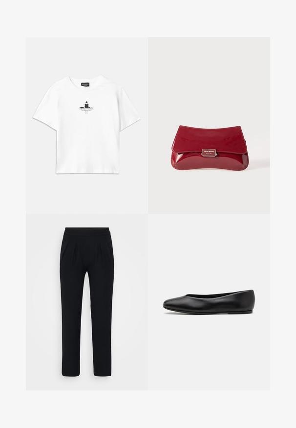 Abrigo gris oscuro con un cuello alto, cintura ceñida con cinturón, dos bolsillos laterales y mangas amplias. Fabricado con un tejido texturizado y un diseño limpio.; camiseta de algodón blanca de corte holgado, con una impresión gráfica negra en el centro que incluye texto y un diseño de silueta.; Blusa de satén azul de manga corta con escote cuadrado y cremallera en la espalda. Textura suave y ajuste ligeramente holgado.; Pantalones negros de pierna ancha hechos de un tejido suave. Cuentan con una cinturilla elástica y dos pliegues frontales. Sin patrones ni herrajes visibles.; Paul Smith TOPANGA - Bailarinas - black; Bolso de mano de charol rojo con un diseño curvado, solapa plegable y un acento de logo metálico en una placa plateada. Textura suave y brillante.