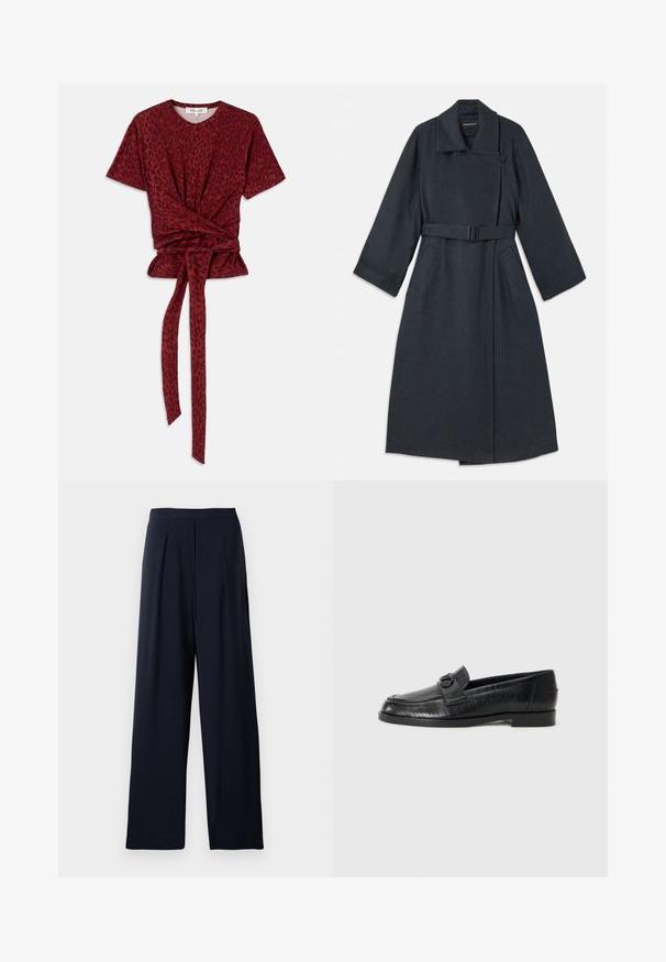 Temno siva plašča z visokim ovratnikom, pasom, dvema stranskima žepoma in širokimi rokavi. Narejen iz teksturirane tkanine s čistim oblikovanjem.; Rdeča majica s tiskanjem leoparda, okroglo izrezana, s kratkimi rokavi in podrobnostjo z vozlom na pasu; narejena iz mehkega, teksturiranega materiala.; Mornarske široke hlače s pregibom, izdelane iz mehke tkanine. Imajo gladek pas in preprost dizajn za vsestransko nošenje.; Črne usnjene loafers čevlje z gladko zgornjico, embosiranim linearnih vzorcem in dekorativno zaponko na sprednjem delu. Nizek blok pet.