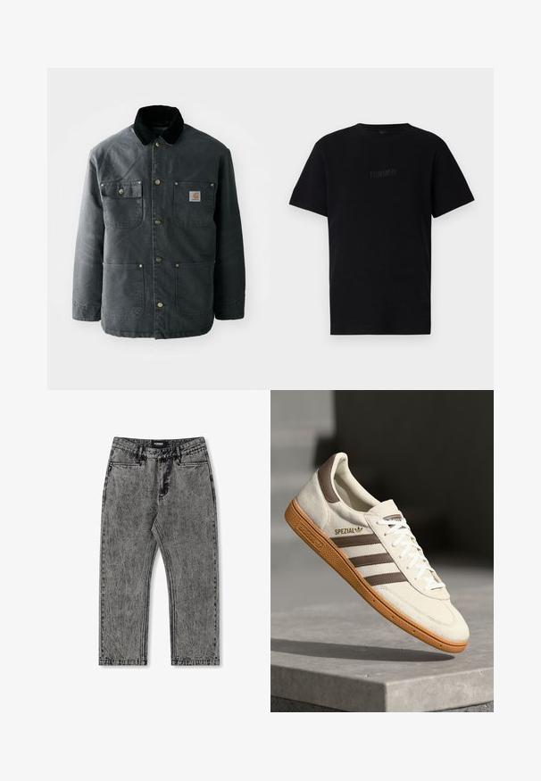 Casaco de lona cinza escuro com colarinho de veludo cotelê preto, botões de pressão em latão e dois bolsos no peito com um patch de logo. Textura suave.; T-shirt preto de algodão com mangas curtas, textura ribada, decote redondo e logótipo bordado "FORMER" na parte da frente.; Jeans em denim cinza com um acabamento desbotado, design de perna reta e estilo de cinco bolsos. Apresenta uma etiqueta com "FORMER" na cintura.; Sapatilhas brancas em camurça com detalhes em pele castanha, três riscas castanhas e atacadores brancos. Apresenta uma sola de borracha texturizada e um logo dourado "SPEZIAL".