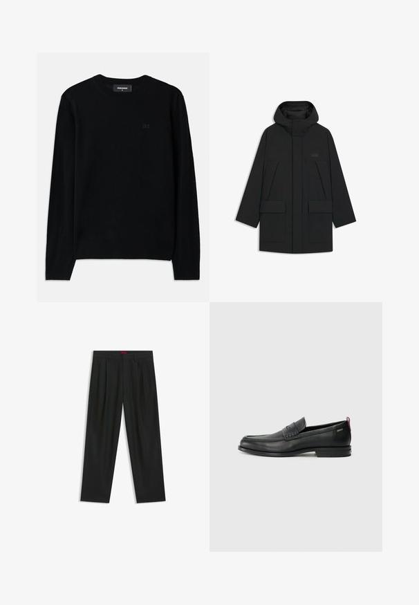 Zwarte bomberjack met capuchon, voorzien van een ritsluiting, grote voorkruiken en een subtiele logo op de borst. Zeker een gladde, lichte stof.; Zwarte crewneck trui van zacht materiaal. Voorzien van lange mouwen en een subtiele D2-logo detail op de voorkant. Eenvoudig, klassiek ontwerp.; Zwarte broek met een geplooid ontwerp, wijde pijpen en een zachte textuur. Voorzien van een rode taillebandlabel.; Zwarte leren instappers met een textuur aan de voorkant en gladde zijden. Voorzien van een slanke hak en een lus aan de achterkant voor gemakkelijk aan- en uittrekken. Klassiek ontwerp.