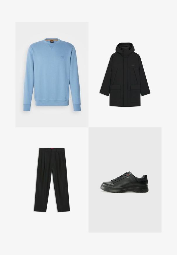 Black puffer jacket with a hood, featuring a zip closure, large front pockets, and a subtle logo on the chest. Smooth, lightweight fabric.; Light blue sweatshirt with a round neckline, ribbed cuffs and hem, featuring a small, embossed logo patch on the left chest. Soft texture.; Black trousers with a pleated design, wide leg shape, and a smooth texture. Features a red waistband tag.; Black leather sneaker with textured upper, padded collar, and red logo detail. Features a thick rubber sole with distinct tread pattern.