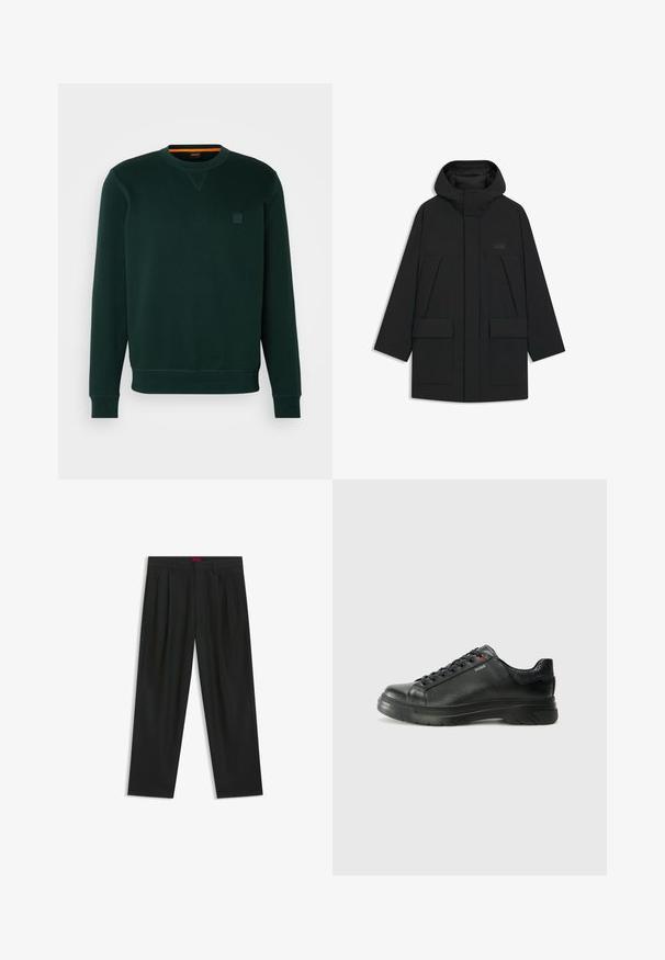 Zwarte bomberjack met capuchon, voorzien van een ritsluiting, grote voorkruiken en een subtiele logo op de borst. Zeker een gladde, lichte stof.; Donkergroene sweatshirt van zachte stof, met een ronde hals, geribde manchetten en een klein logo-opdruk op de borst. Glad van structuur.; Zwarte broek met een geplooid ontwerp, wijde pijpen en een zachte textuur. Voorzien van een rode taillebandlabel.; Zwarte leren sneaker met een gestructureerde bovenkant, gevoerde kraag en rode logo-details. Heeft een dikke rubberen zool met een opvallend loopvlakpatroon.