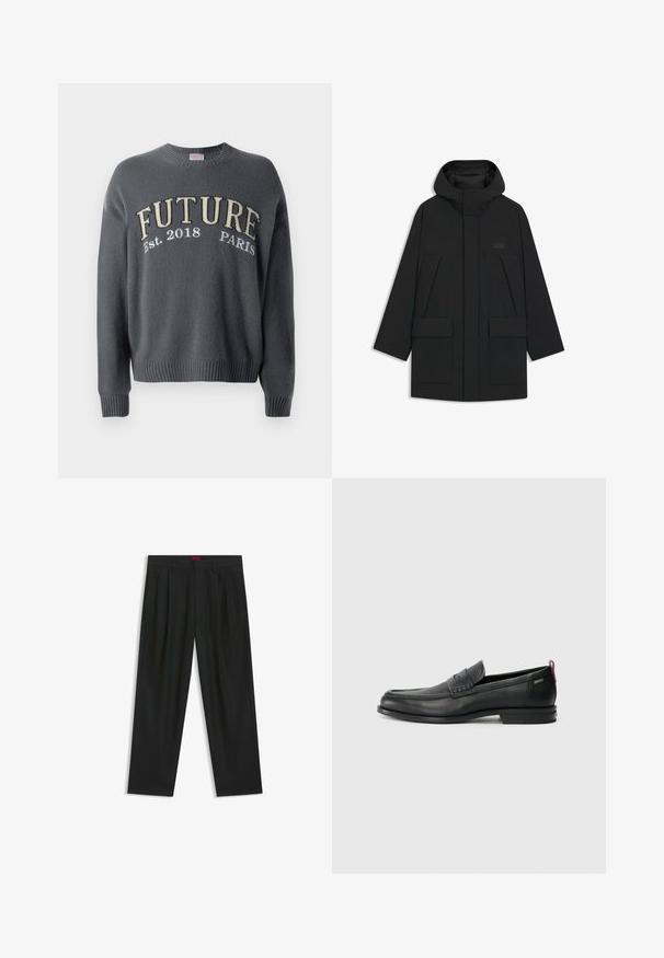 Schwarze Pufferjacke mit Kapuze, mit einem Reißverschluss, großen Fronttaschen und einem dezenten Logo auf der Brust. Glattes, leichtes Material.; Dunkelgrauer Strickpullover mit gerippten Bündchen und Saum, versehen mit der Stickerei "FUTURE Est. 2018 PARIS" in Beige und Weiß auf der Brust.; Schwarze Hose mit einem gefältelten Design, weiter Beinform und glatter Textur. Verfügt über ein rotes Taillenlabel.; Schwarze Lederloafers mit einem strukturierten Vorderteil und glatten Seiten. Sie verfügen über einen schmalen Absatz und eine Schlaufe an der Rückseite für einfaches Anziehen. Klassisches Design.